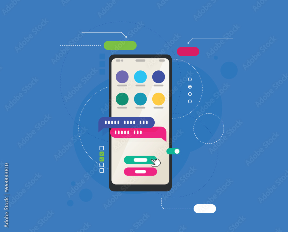 Poster mobile application development concept illustration with teamwork programmers and mobile phone