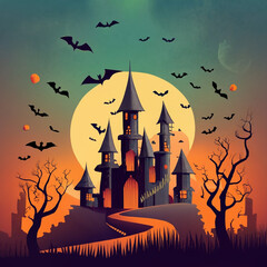 Ghost castle on the background of the full moon. Halloween holiday. Pumpkins and bats. Horror background. Create a postcard, poster, or flyer. Illustration in orange and black colors.