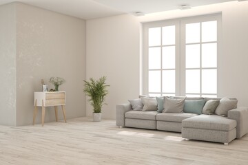 White modern interior design with sofa. Scandinavian interior design. 3D illustration