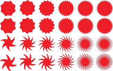 Abstract retro starburst, sunburst badges, sticker vector illustration. collection of round sun burst or star shape badges. Red starburst promotional badge set on white background - obrazy, fototapety, plakaty