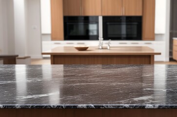 Sleek Modern Dark Marble Table Top or Kitchen Island amidst Blurry Bokeh Kitchen Ambiance. 