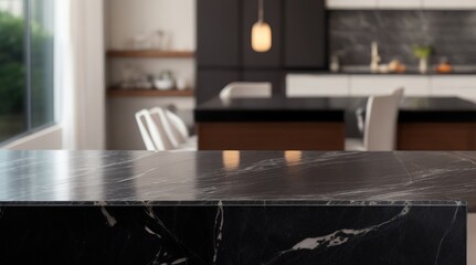 Sleek Modern Dark Marble Table Top or Kitchen Island amidst Blurry Bokeh Kitchen Ambiance. Generative AI.