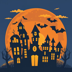 Ghost castle on the background of the full moon. Halloween holiday. Pumpkins and bats. Horror background. Create a postcard, poster, or flyer. Illustration in orange and black colors.