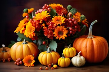Naklejka na ściany i meble Assortment of pumpkin and flowers autumn harvest Happy Thanksgiving pumpkin 