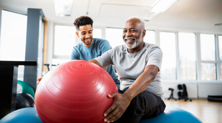 Physical therapist working with elder patient, physiotherapy, helping old retired african american pensioner man in a clinic, therapy