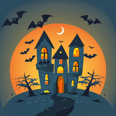 Ghost castle on the background of the full moon. Halloween holiday. Pumpkins and bats. Horror background. Create a postcard, poster, or flyer. Illustration in orange and black colors.