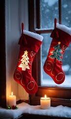 A Pair Of Christmas Stockings Hanging From A Window