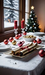 Fototapeta na wymiar A Table With A Christmas Tree And A Candle