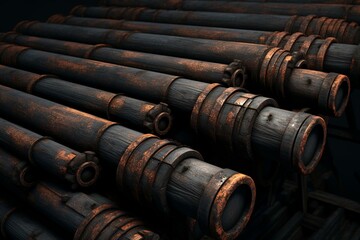 Black rusty pipes, ideal for horror or industrial themes. 3D depiction. Generative AI