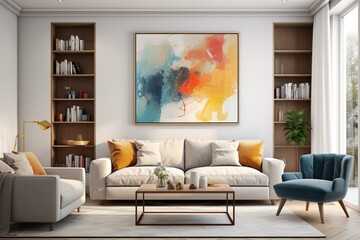 Contemporary home lounge with sofa and storage, display frame. Generative AI