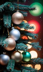 Naklejka na ściany i meble Christmas Tree With Ornaments And Lights