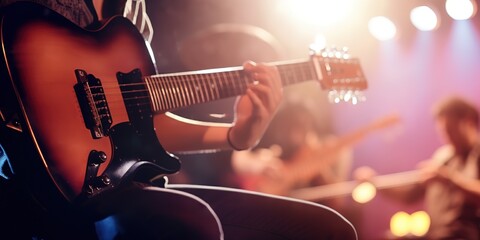 a man is playing the guitar in front of the audience - obrazy, fototapety, plakaty
