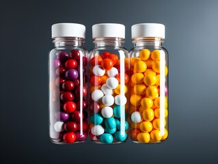Colorful pill falling out of a container with isolated white background generative ai