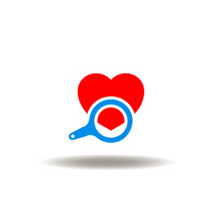 Vector illustration of heart with magnifier. Icon of cardiac diagnosis. Symbol of cholesterol level control. Cardiovascular sign.