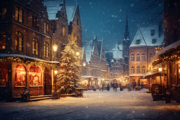 Christmas market in old town square at snowy evening. People walking by the street. - obrazy, fototapety, plakaty