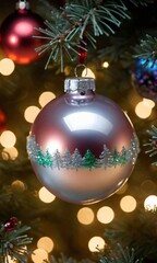 A Christmas Tree With A Pink Orname And Red Ornaments
