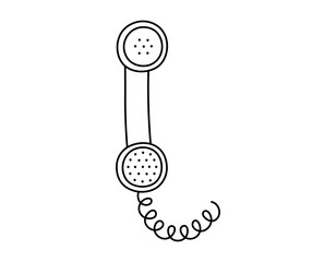 Hand drawn cute outline illustration of retro phone handset. Flat vector old telephone with dial sticker in simple line art doodle style. Call device line icon or print. Isolated on white background.