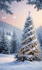 Christmas Tree In The Snow With A Pink Sky Background