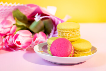 Delicious french macaroon dessert close-up
