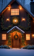 Fototapeta na wymiar A House With Christmas Lights On The Front Door