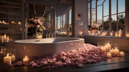 Fototapeta na wymiar Luxurious modern bathroom with a captivating ambiance, Rose petals float gracefully in the water, creating a romantic and sensuous atmosphere