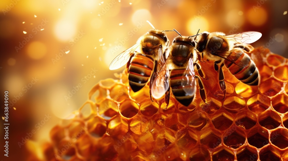 Canvas Prints three bees collecting honey on a honeycomb