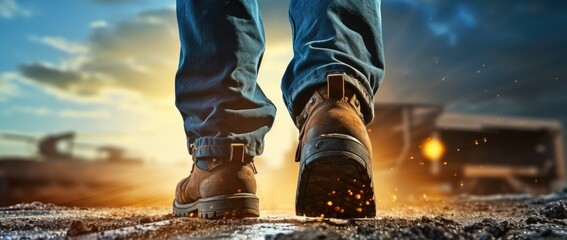 Working man's shoes walking into the distance - obrazy, fototapety, plakaty