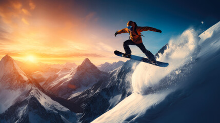 Naklejka na ściany i meble Snowboarder jumps performing an amazing trick against the backdrop of a beautiful orange sunset and snowy mountains. The concept of winter extreme sports and active lifestyle.