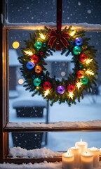 Christmas Wreath With Lit Candles And Snow Outside Window