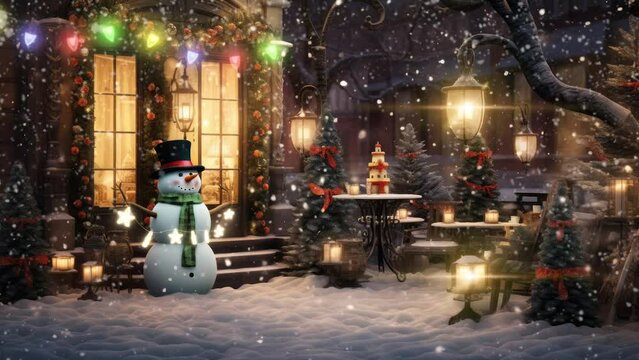 christmas decoration with snowman and christmas light. seamless looping time-lapse virtual 4k video animation background. 