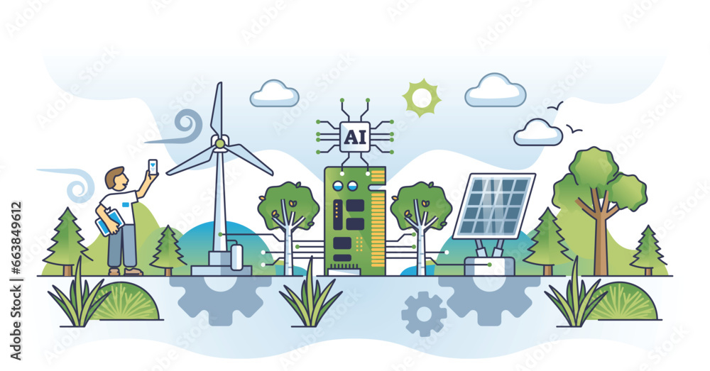 Poster green tech innovations and ai technology for eco power usage outline concept. artificial intelligenc