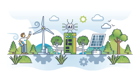 Green tech innovations and AI technology for eco power usage outline concept. Artificial intelligence and modern engineering for effective alternative future energy development vector illustration.
