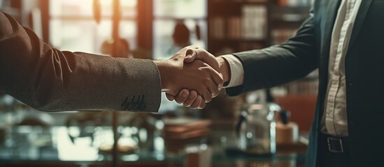 businessmen are shaking hands, partnership deals business while standing indoors in the office - obrazy, fototapety, plakaty