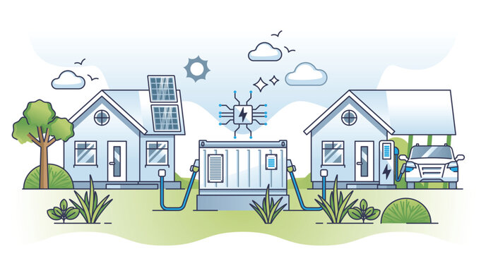 Smart grid solutions with solar panel energy storage unit outline concept. Electricity supply with green battery and generator as alternative power from nature friendly sources vector illustration.