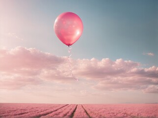 Fototapeta premium Romance in the Air: Pink Balloons Dance Above Fields