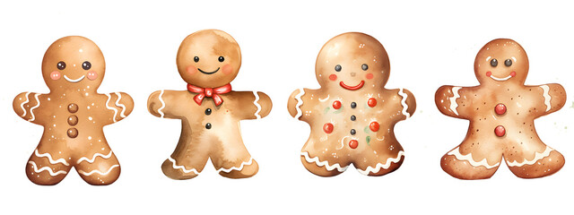 Fototapeta premium Set of Minimalistic Watercolor Christmas Gingerbread Illustrations on Transparent Background