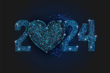 Abstract isolated blue image of new year number 2024. Polygonal low poly wireframe illustration looks like stars in the blask night sky in spase or flying glass shards. Digital web, internet design. © Katsiaryna
