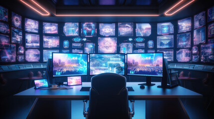 A hackers lair with multiple screens,  showcasing simultaneous cyber intrusions - obrazy, fototapety, plakaty