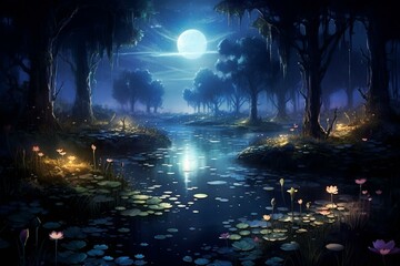Captivating aerial wetland at night with a touch of fantasy. Perfect wallpaper for devices. Generative AI