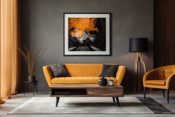 Contemporary lounge area with sofa and storage, empty picture frame. Generative AI