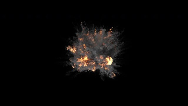 Video effect artilery explosion in top view with smoke. 3d HQ animation in 4K resolution, 30fps with alpha channel (transparency).
