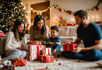 Warmly lit living room scene of a family sharing joy as they exchange Christmas presents. Their genuine smiles and festive ambiance capture the spirit of the holiday season.