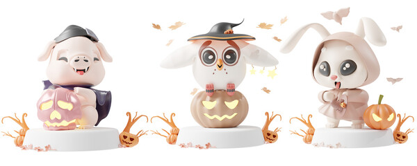 Animal set Theme Halloween Pig, Quail, Rabbit in transparent background style. Isolated 