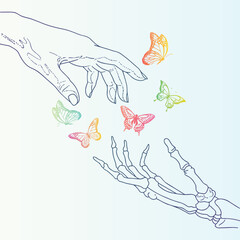 human skeleton hand with butterfly.  Hand-drawn vector sketch. Black outline on transparent background.  Butterfly with artwork for t-shirt print, poster, sticker, background, and other uses. - obrazy, fototapety, plakaty