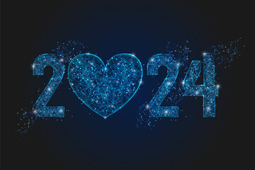 Abstract isolated blue image of new year number 2024. Polygonal low poly wireframe illustration looks like stars in the blask night sky in spase or flying glass shards. Digital web, internet design. © Katsiaryna