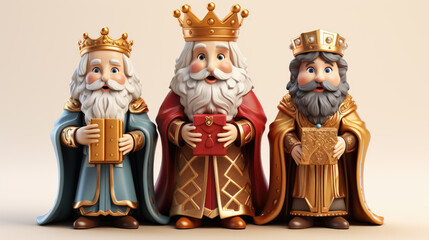 Three Wise Men Bearing Gifts in 3D Cartoon Style on Beige Background