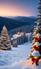A Snowy Scene With A Christmas Tree And A Lit Candle
