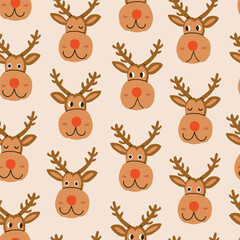 Christmas reindeer Rudolf character seamless pattern on beige, reindeer with different emotions. Christmas deer pattern, deer character for kids. Vector illustration