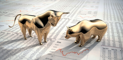 Golden bull and bear on a financial newspaper - 3D illustration - obrazy, fototapety, plakaty