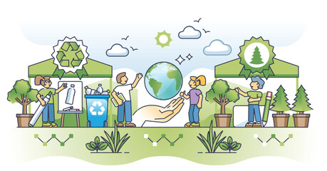 Eco awareness initiatives with environmental society care outline concept. Effective waste management for smart resource usage vector illustration. Forest planting for green and ecological future.